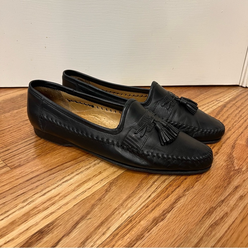 SANTONI Mens Loafers Black Leather Italian Tassel 10.5D Casual Dress Shoes